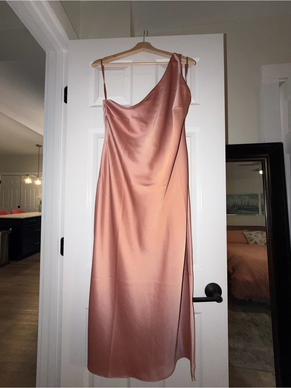 One-Shoulder Satin Slip Dress in Rose Gold